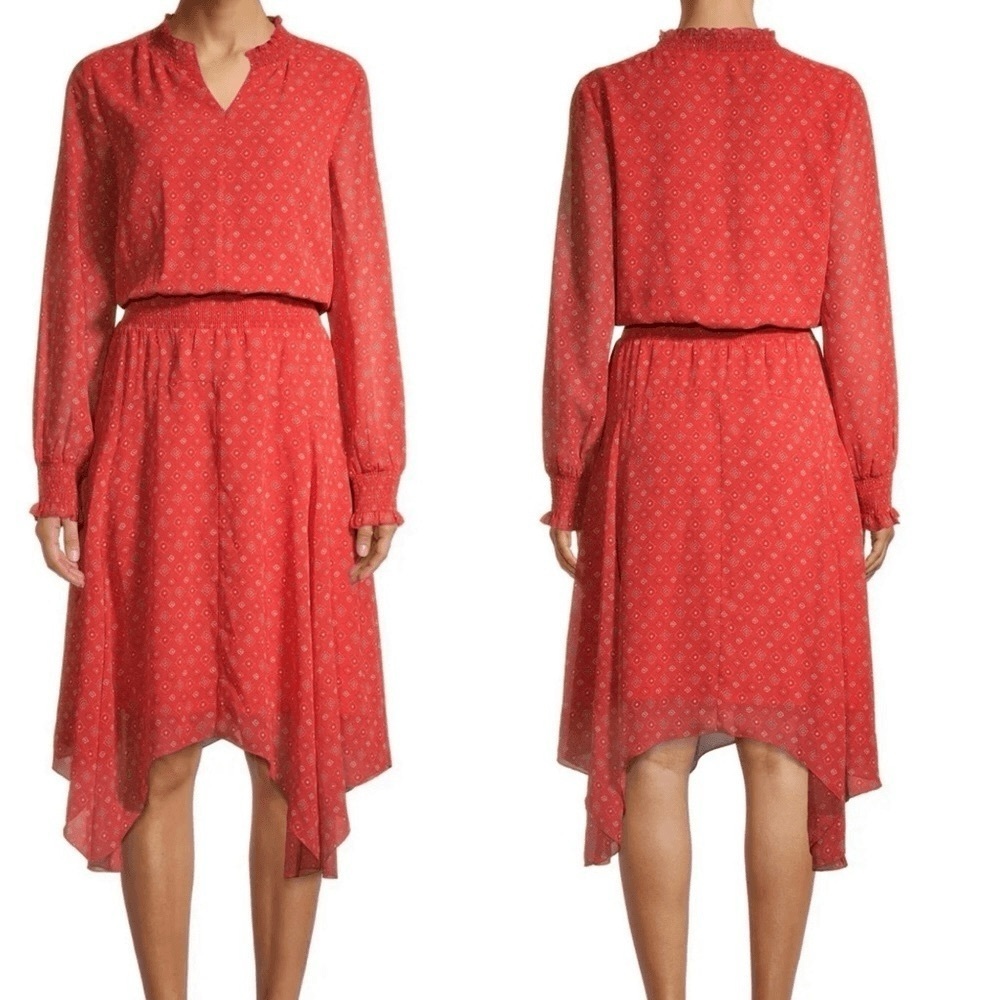 Orange Womens Size XL Long Sleeve V-Neck Fairy Flowy Handkerchief Hem Boho Dress